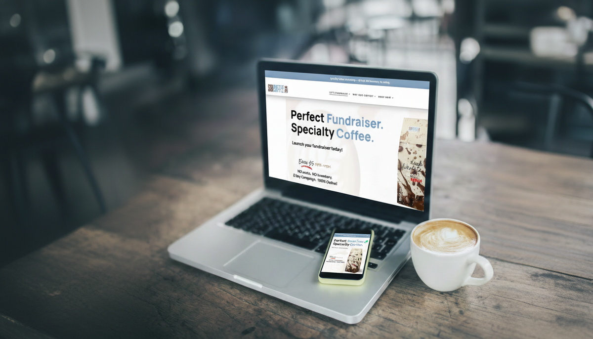 Laptop displaying the soxcoffee.com website on a wooden table with a smartphone and coffee cup.