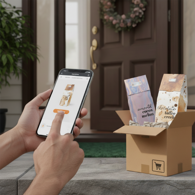 Person using a smartphone to order from SOXcoffee.com website, direct home delivery